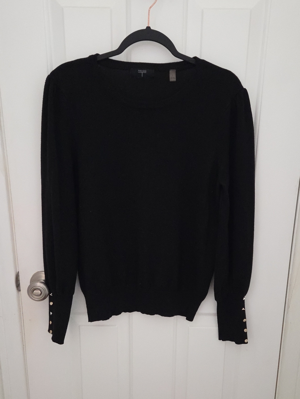 Tahari Black Crewneck Sweater with Gold Button Cuffs